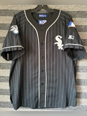 Vintage 90’s STARTER Chicago White Sox Black Pinstripe Baseball Jersey Large EUC